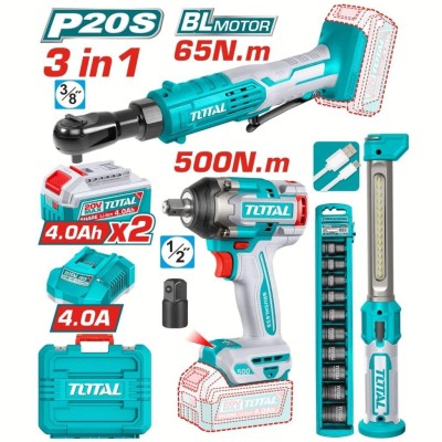 TOTAL COMBO 20V LLAVE DE IMPACTO + TRINQUETE + LÁMPARA TOSLI250981 Total Herramientas Oficial