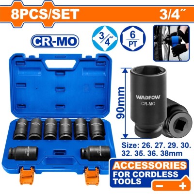 WADFOW CONJUNTO DE DADOS DE IMPACTO  8PCS 3/4 90MM WMS4D09 Total Herramientas Oficial