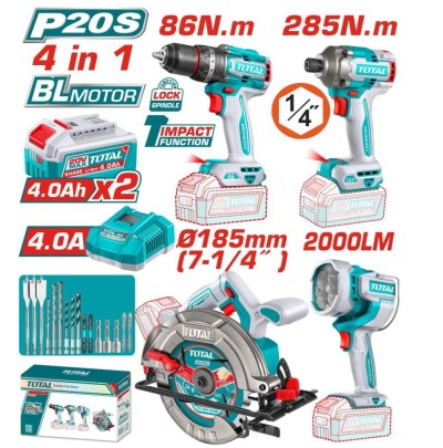 TOTAL COMBO SEM FIO 20V 4PCS  TOSLI251082 Total Herramientas Oficial