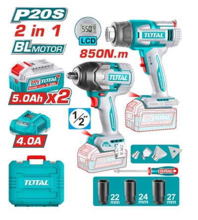 TOTAL KIT CHAVE DE IMPACTO 850Nm + PISTOLA DE AR QUENTE 550°c TOSLI250983 Total Herramientas Oficial