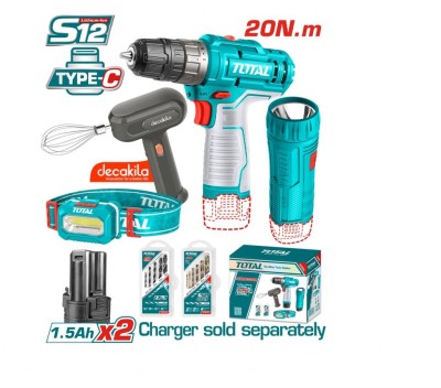 TOTAL CONJUNTO FURADEIRA + MISTURADOR + LANTERNA + LÂMPADA DE LI-ION 12V TOSLI23115  Total Herramientas Oficial