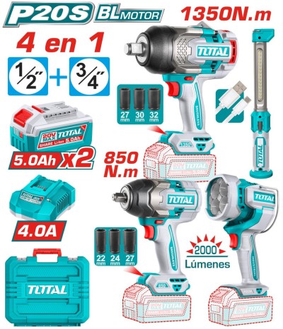 TOTAL CONJUNTO DE FERRAMENTAS INDUSTRIAIS 20V 4PCS  TOSLI250782 Total Herramientas Oficial