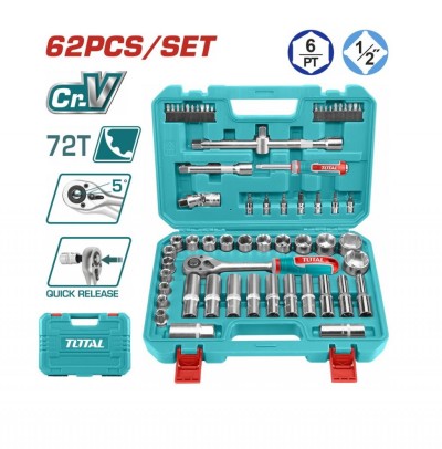 TOTAL KIT DE FERRAMENTAS CONJUNTO DE SOCKET 1/2 62PCS THT121602 Total Herramientas Oficial