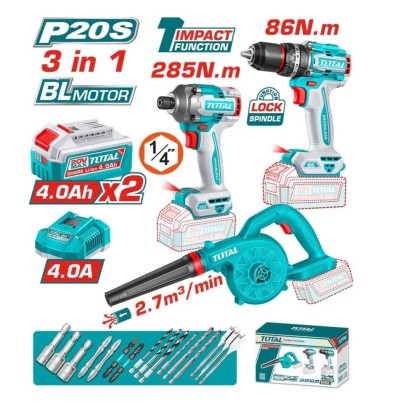 TOTAL COMBO 3PCS 20V FURADEIRA + PARAFUSADEIRA + SOPRADOR  TOSLI250883 Total Herramientas Oficial