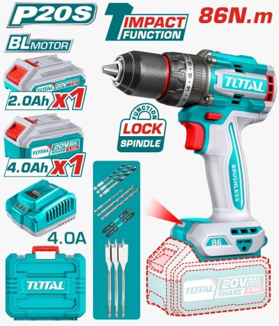 TOTAL PARAFUSADEIRA COM FUNÇÃO DE IMPACTO 20V TIDLI20868  86NM  Total Herramientas Oficial