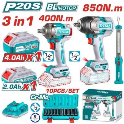 TOTAL COMBO 3PCS  CHAVE DE IMPACTO+ PARAFUSADEIRA +LAMPADA 20V  TOSLI241195 Total Herramientas Oficial