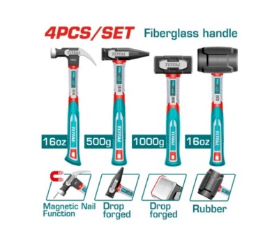 TOTAL CONJUNTO DE MARTELOS COM CABO DE FIBRA DE VIDRO 4PCS THCH6004 Total Herramientas Oficial
