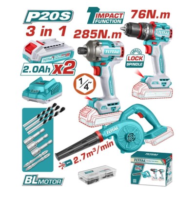 TOTAL COMBO 3PCS TOSLI250182  FURADEIRA + CHAVE DE FENDA + SOPRADOR Total Herramientas Oficial
