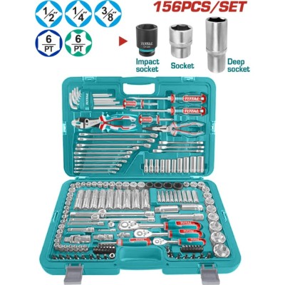 TOTAL KIT FERRAMENTAS CONJUNTO DE SOCKET 156PCS 1/4,3/8,1/2  THKTHP21566   Total Herramientas Oficial