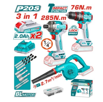 TOTAL COMBO 3 PCS DE FURADEIRA + CHAVE DE FENDA + SOPRADOR  TOSLI250182 Total Herramientas Oficial