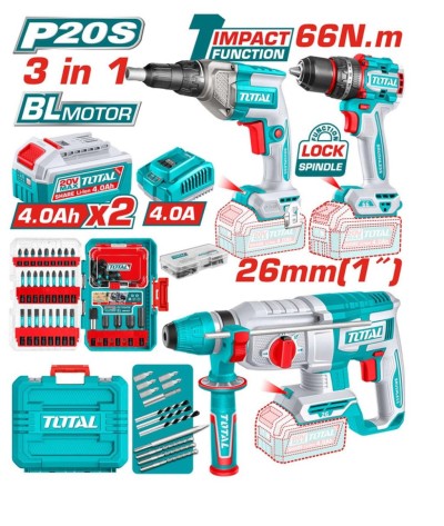 TOTAL COMBO 3PCS MOTOR SEM ESCOVAS  20V TOSLI250591 Total Herramientas Oficial