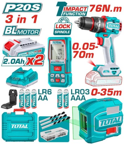 TOTAL COMBO FURADEIRA +LASER+DETECTOR  3PCS  TOSLI250511 Total Herramientas Oficial