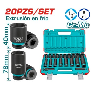 TOTAL JOGO DE SOQUETES DE IMPACTO TUBULARES 20PCS  THKISD12203L Total Herramientas Oficial