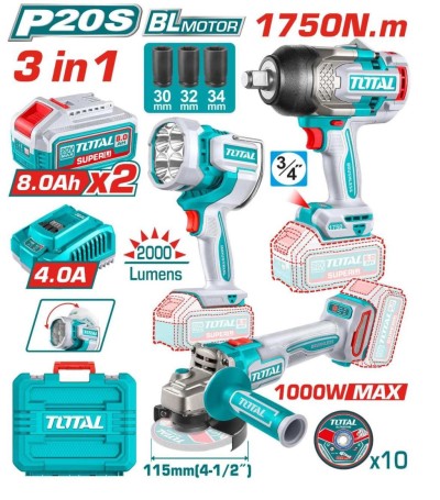TOTAL COMBO 3PCS CHAVE+ ESMERILHADEIRA + LÂMPADA DE TRABALHO  20V TOSLI250593 Total Herramientas Oficial