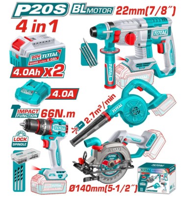 TOTAL COMBO 4PCS 20V  MOTOR SEM ESCOVAS  TOSLI250695 Total Herramientas Oficial