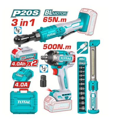 TOTAL COMBO 20V CHAVE DE IMPACTO + CATRACA + LÂMPADA  UTOSLI250981 Total Herramientas Oficial