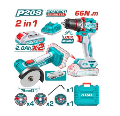 TOTAL COMBO ESMERILHADEIRA + FURADEIRA 20V  TCKLI20766 Total Herramientas Oficial
