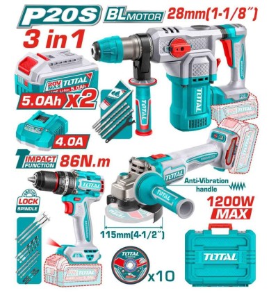 TOTAL COMBO 3PCS FURADEIRA + ESMERILHADEIRA + MARTELO ROTATIVO 20V  TOSLI251195 Total Herramientas Oficial