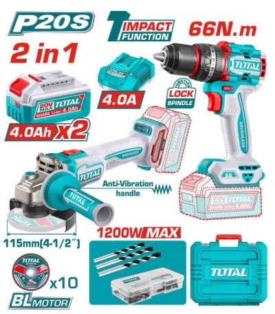 TOTAL COMBO 2PCS ESMERILHADEIRA + FURADEIRA DE IMPACTO  20V  TCKLI20256 Total Herramientas Oficial