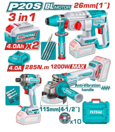 TOTAL COMBO LIXADEIRA+MARTELO+ CHAVE DE IMPACTO 20V  TOSLI260191 Total Herramientas Oficial
