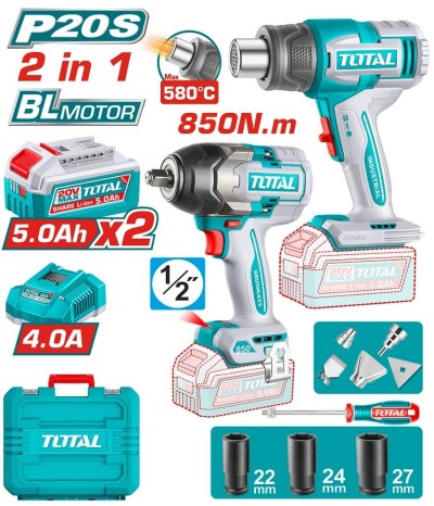 TOTAL COMBO 2PCS LLAVE DE IMPACTO + PISTOLA DE CALOR 20V TOSLI260381 Total Herramientas Oficial
