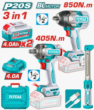 TOTAL COMBO 3PCS CHAVES DE IMPACTO + LÂMPADA DE TRABALHO  20V TOSLI260285 Total Herramientas Oficial