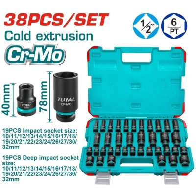 TOTAL JOGO DE DADOS DE IMPACTO 1/2 38PCS  THKISD12388L Total Herramientas Oficial