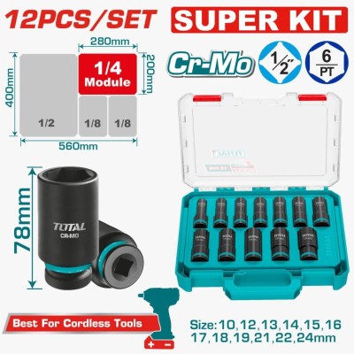 TOTAL JOGO DE DADOS DE IMPACTO 1/2  12PCS  THKISD12126L Total Herramientas Oficial