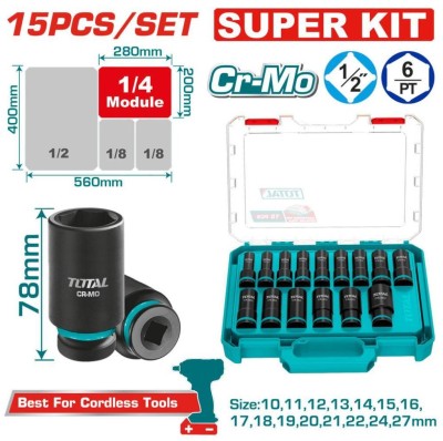 TOTAL KIT DE SOQUETES DE IMPACTO 1/2 15PCS   THKISD12158L Total Herramientas Oficial