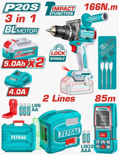 TOTAL COMBO 3PCS FURADEIRA + NÍVEL A LASER + MEDIDOR DE DISTÂNCIA  TLL260516 Total Herramientas Oficial