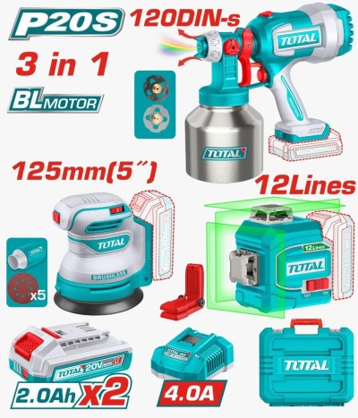 TOTAL NÍVEL A LASER + PISTOLA + LIXADEIRA 20V  TLL260567 Total Herramientas Oficial